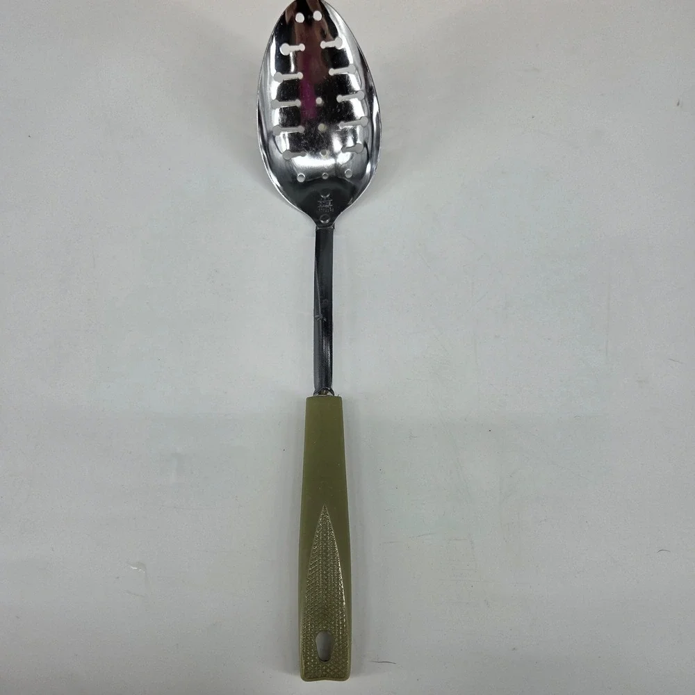 Vintage EKCO Slotted Spoon Chromium Plated Olive Green Handle Made in USA MCM